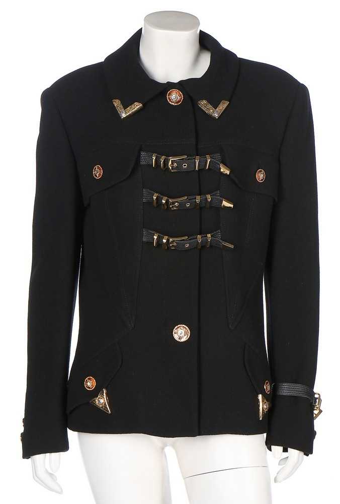 Lot 79 - A Gianni Versace bondage-style black wool...