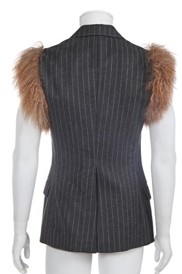 Lot 20 - A rare Alexander McQueen men's Mongolian lamb and pinstriped grey wool sleeveless jacket, 'Dante' collection, Autumn-Winter 1996-97