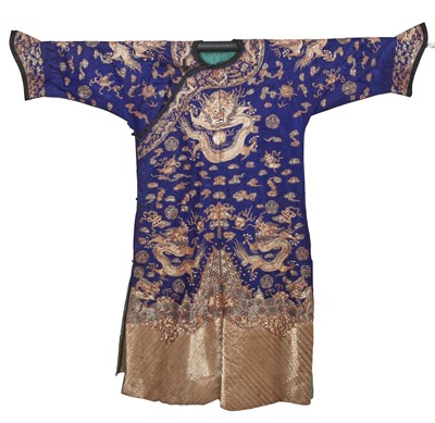 Lot 816 - An embroidered blue silk ground dragon robe, jifu/mangpao, Chinese, circa 1900
