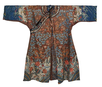 Lot 903 - An embroidered brown silk ground dragon robe, jifu, Chinese, circa 1900