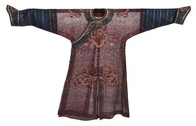 Lot 908 - An embroidered chestnut brown silk gauze summer dragon robe, jifu, Chinese, circa 1900