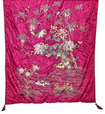 Lot 772 - An embroidered cyclamen-pink satin coverlet, Japanese, late 19th century