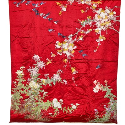Lot 893 - An embroidered burgundy satin wall hanging, Japanese, late 19th century