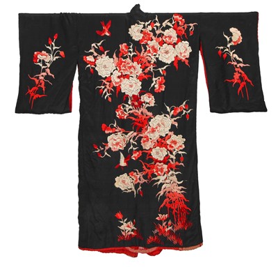 Lot 680 - An embroidered black silk kimono, Japanese for the European market, 1930s