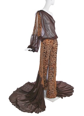 Lot 189 - A Jean-Louis Scherrer haute couture by Stéphane Rolland brown leather and chiffon ensemble, Spring-Summer 2002