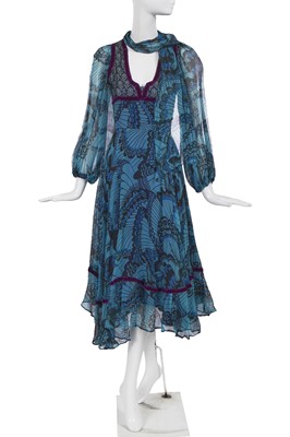Lot 429 - A Thea Porter butterfly print chiffon 'Gypsy' dress and scarf, 1970