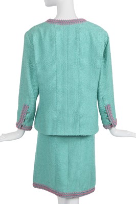 Lot 34 - A Chanel by Karl Lagerfeld turquoise cotton-wool blend bouclé suit, 'The New Corset' collection, Spring-Summer 1994