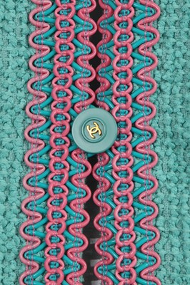 Lot 34 - A Chanel by Karl Lagerfeld turquoise cotton-wool blend bouclé suit, 'The New Corset' collection, Spring-Summer 1994