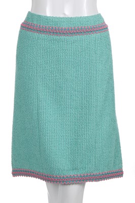 Lot 34 - A Chanel by Karl Lagerfeld turquoise cotton-wool blend bouclé suit, 'The New Corset' collection, Spring-Summer 1994