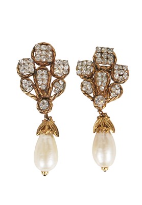 Lot 51 - A pair of Chanel by Karl Lagerfeld gilt, rhinestone and faux pearl earrings, 1983