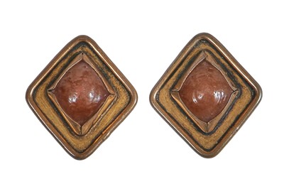 Lot 65 - A pair of Gabrielle Chanel haute couture brass and cabochon earrings, 1970s