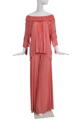 Lot 572 - A Zandra Rhodes orange jersey rayon ensemble, 1974