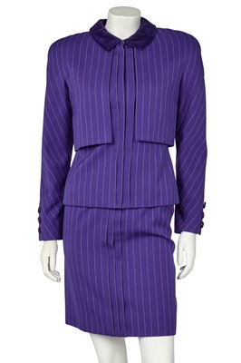 Lot 486 - A Valentino Garavani haute couture purple pinstriped wool day suit, 1984