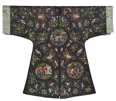 Lot 805 - An unfinished woman's embroidered black satin informal robe, gua, circa 1920