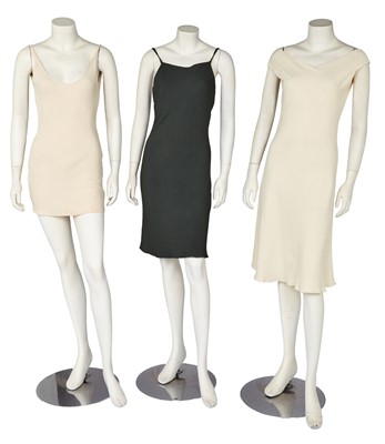 Lot 405 - Three John Galliano satin-backed crêpe dresses, 'Fencing' collection, Autumn-Winter 1990-91