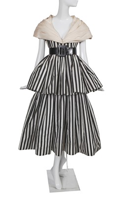 Lot 400 - A Pierre Balmain haute couture black and white striped taffeta evening gown, late 1980s-early 1990s