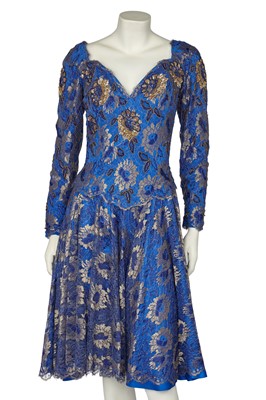 Lot 463 - A Hanae Mori couture gold lace and royal-blue satin cocktail dress, late 1980s