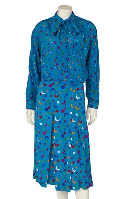Lot 603 - An Yves Saint Laurent printed turquoise silk ensemble, Spring-Summer 1979