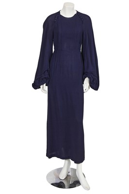 Lot 582 - An Ossie Clark navy blue moss crêpe dress, circa 1970