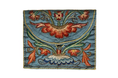 Lot 528 - An embroidered blue silk wallet, French, second half 18th century