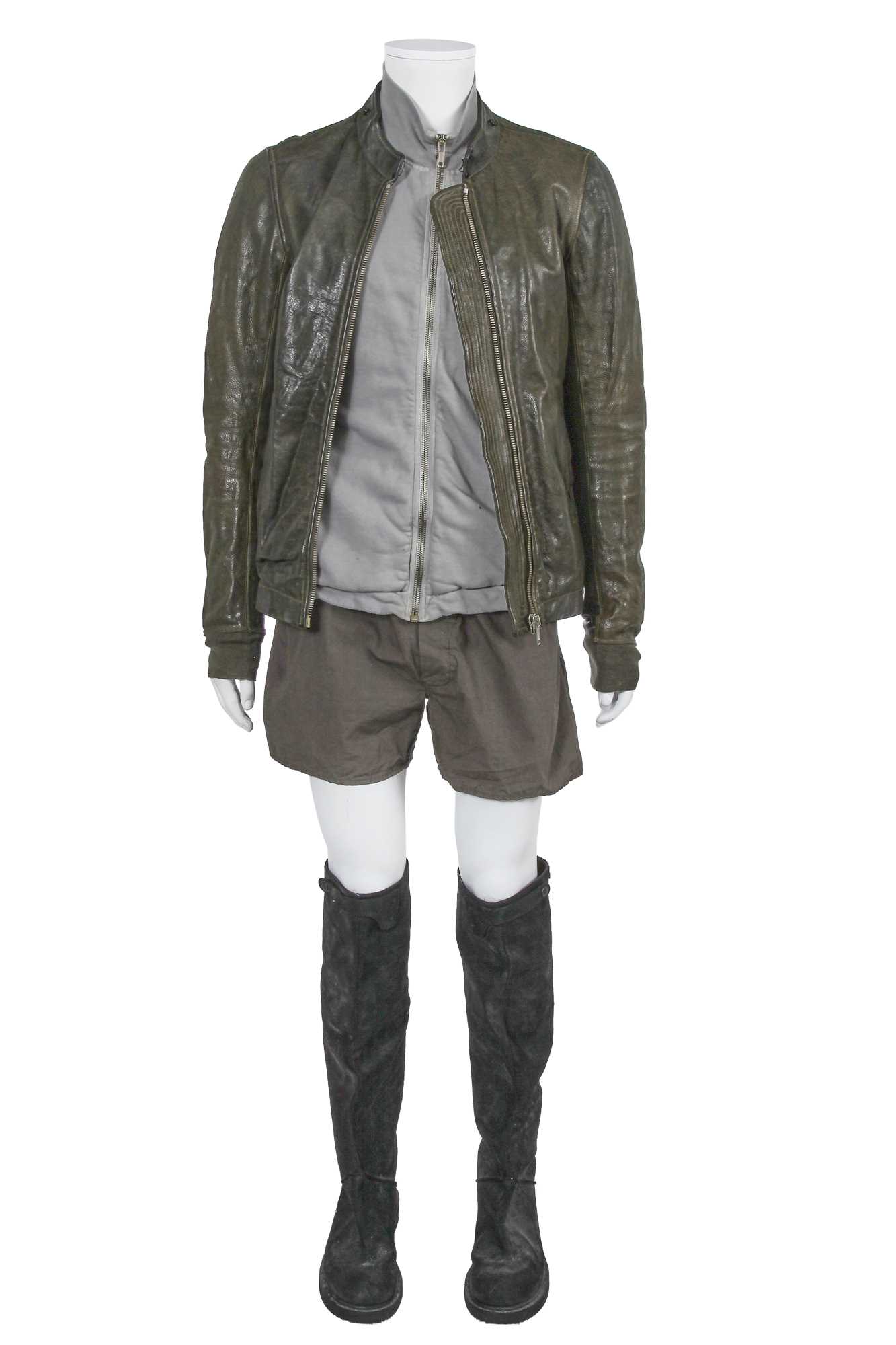 Lot 329 - A Rick Owens men's grey and black leather and cotton ensemble, circa 2008