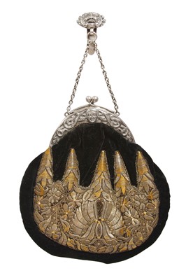 Lot 713 - A Nina Borthen silver framed black velvet purse applied with a gold embroidered cap back. Norwegian, dated 1904