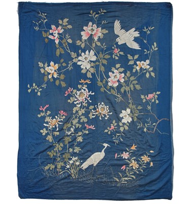 Lot 770 - An embroidered blue satin coverlet, Japanese, circa 1900