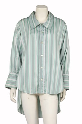 Lot 528 - A Westwood/McLaren green and grey striped linen-cotton blend 'big collar' shirt, 'Punkature' collection, Spring-Summer 1983