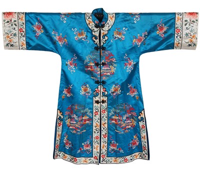Lot 796 - An embroidered turquoise satin robe, Chinese for the European market, 1910s