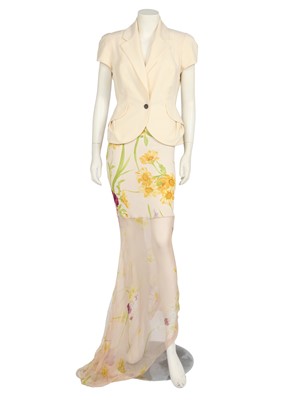 Lot 177 - A John Galliano floral printed knit dress with chiffon hem, Spring-Summer 2007, and a cream wool jacket, pre-collection 2009
