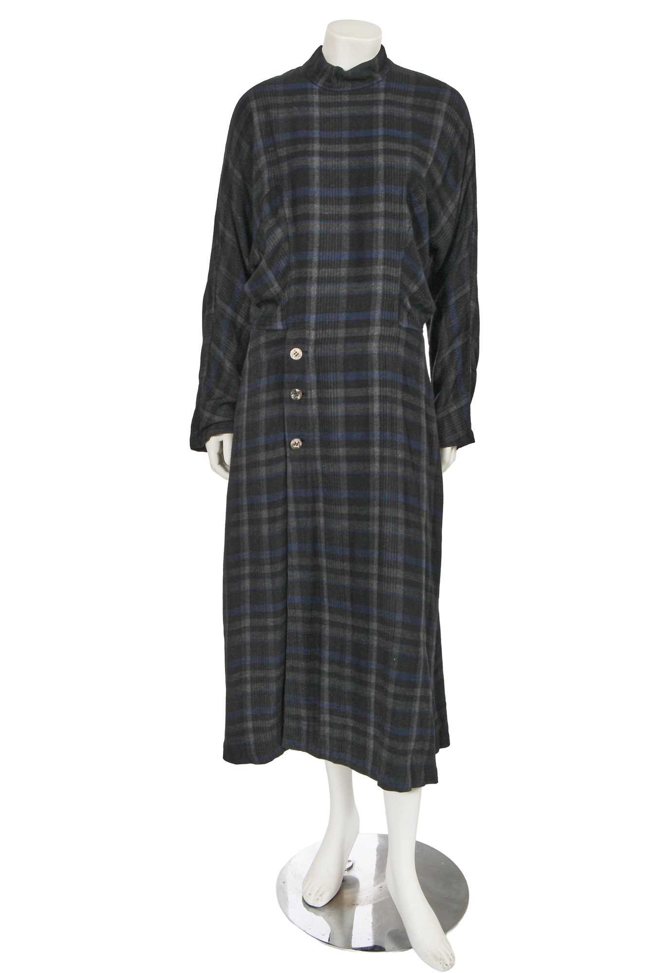 Lot 454 - A Comme des Garçons blue and dark grey checked rayon dress, ‘Young Chic, No Shoulder’ collection, Spring-Summer 1987