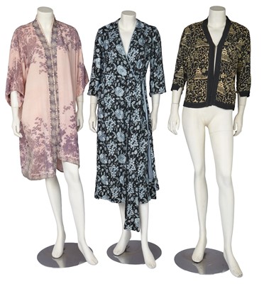Lot 677 - A blue embroidered black crêpe house/evening coat, and others, 1930s