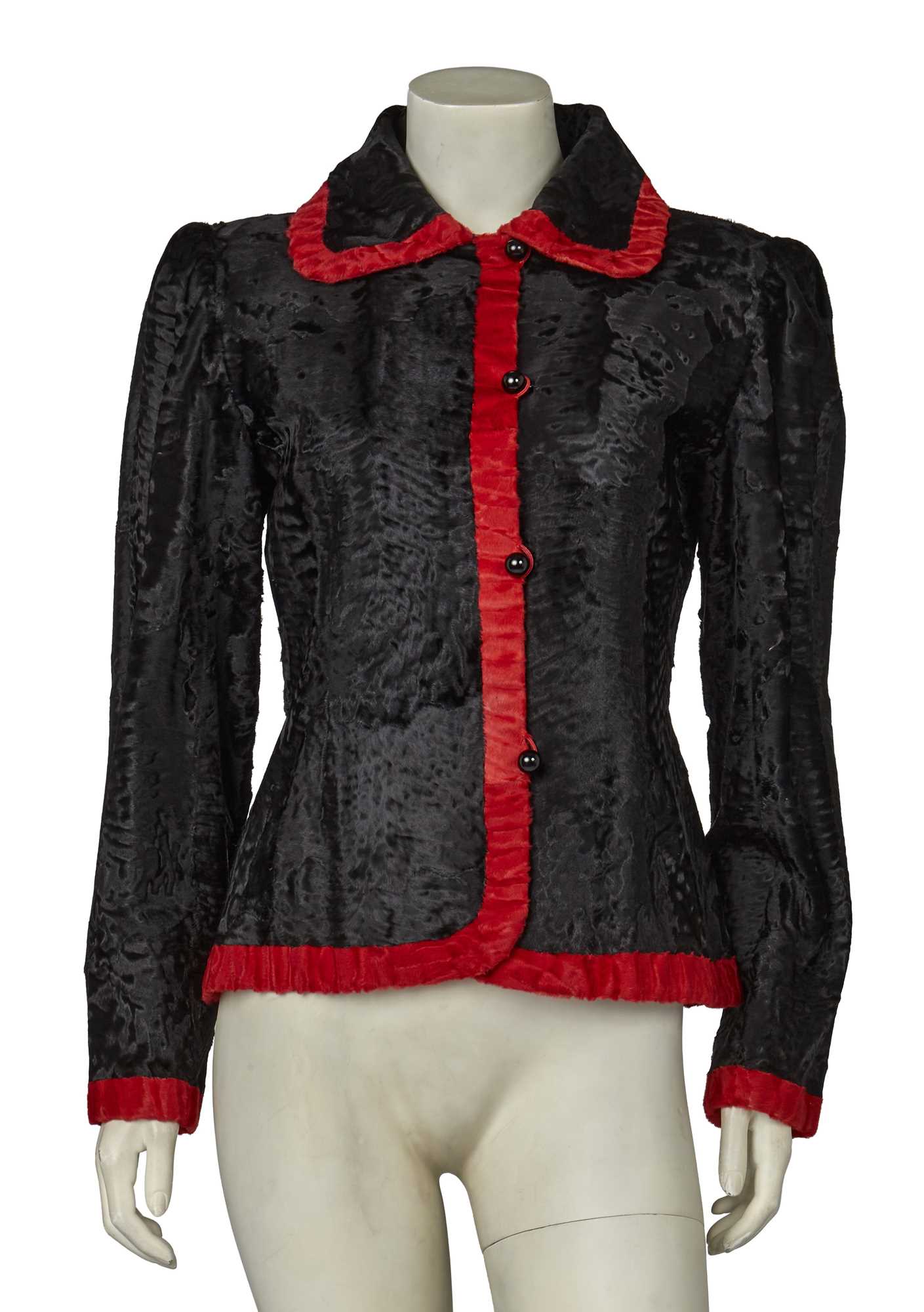 Lot 464 - A Hubert de Givenchy haute couture black and red breitschwanz jacket, 1980s