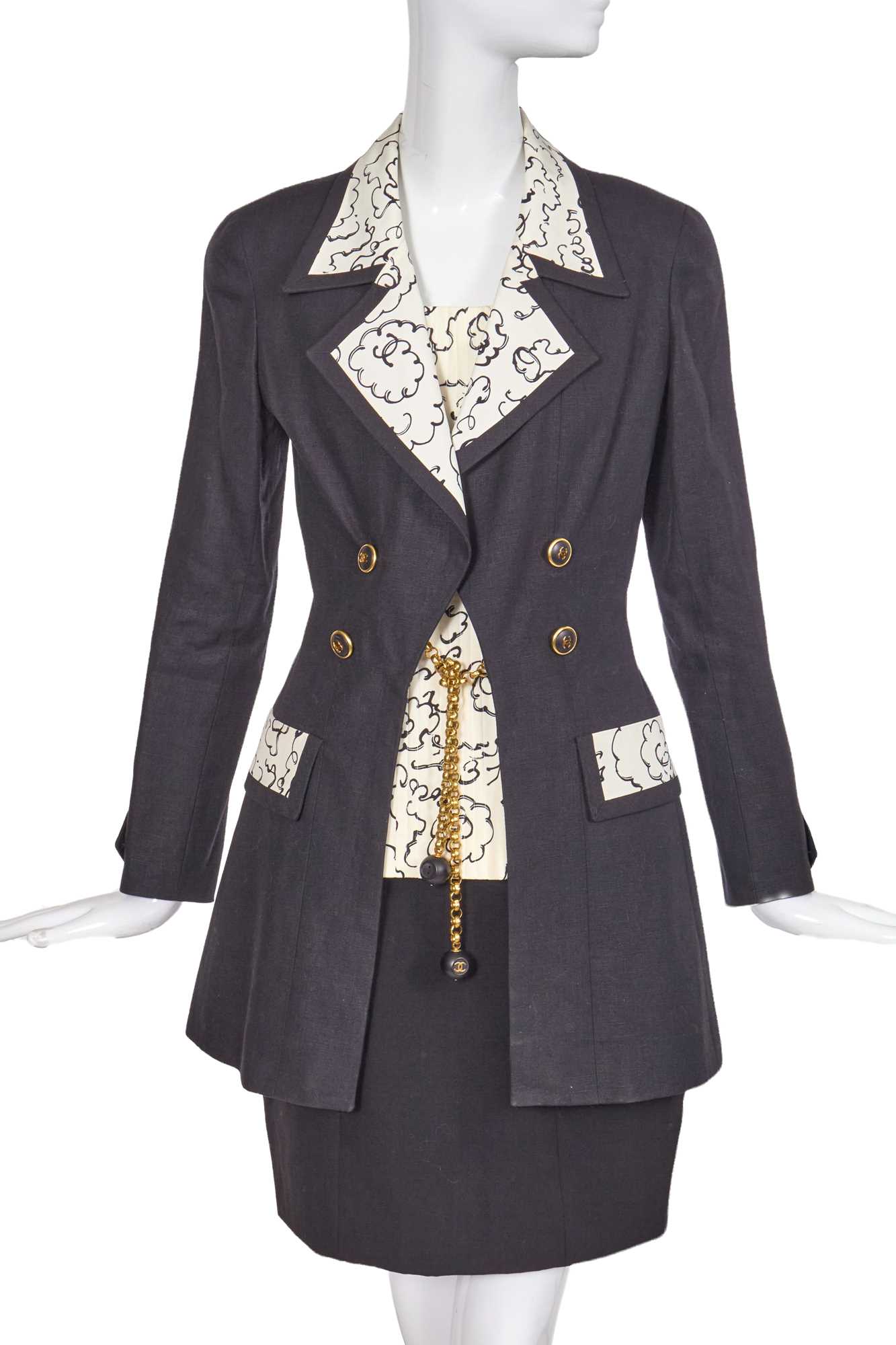 Lot 39 - A Chanel by Karl Lagerfeld printed silk and black wool ensemble, Spring-Summer 1993