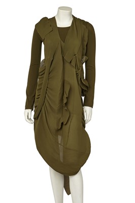 Lot 451 - A Junya Watanabe/Comme des Garçons goffered khaki polyester tunic dress ensemble, Autumn-Winter 2010-11