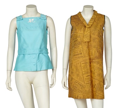 Lot 635 - An André Courrèges turquoise cotton tank top, late 1960s, and a paper dress 1968