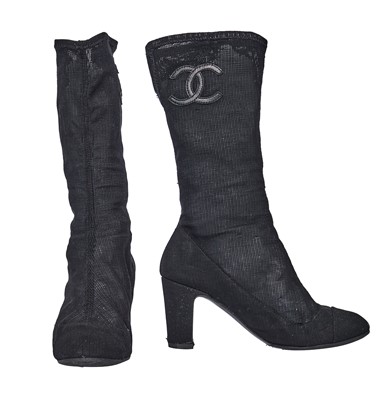 Lot 15 - A pair of Chanel by Karl Lagerfeld black mesh sock boots, 2000s