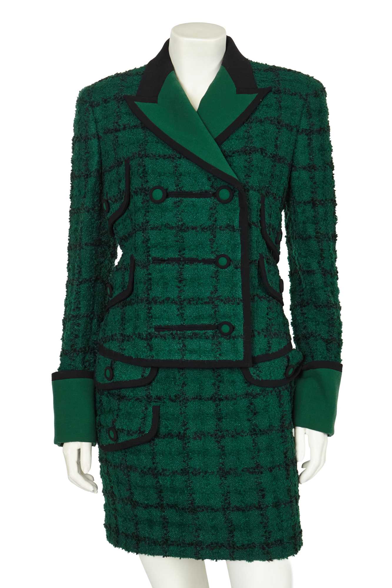 Lot 300 - A Gianni Versace green and black bouclé suit, Autumn-Winter 1993-94
