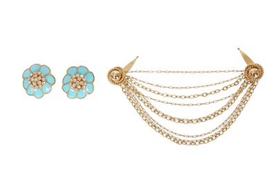 Lot 612 - A pair of Christian Dior by Henkel & Grosse enamel and rhinestone ear clips, 1966