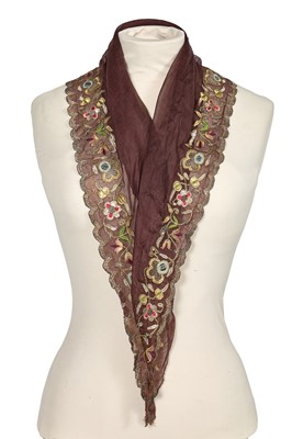 Lot 527 - An embroidered maroon silk aerophane triangular fichu, late 18th century