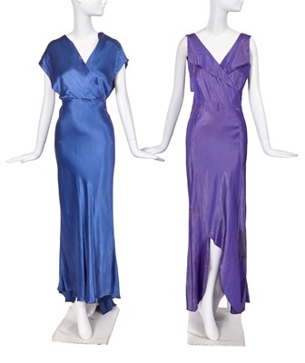 Lot 489 - A blue satin bias-cut couture evening gown, possibly Schiaparelli, mid 1930s