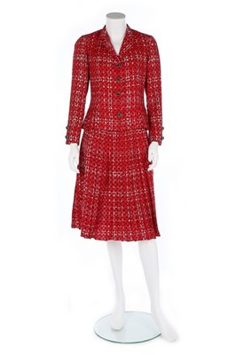Lot 256 - A Chanel couture red printed wool/silk blend...