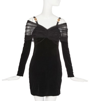 Lot 140 - A Donatella Versace black stretch-velvet and tulle cocktail dress, 2010s