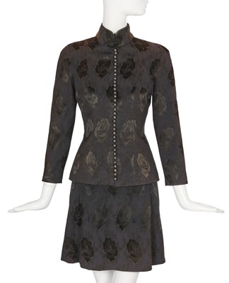 Lot 242 - A Christian Dior by John Galliano dark blue damask cocktail suit, 'Dior's Little Sweetheart Pin-Ups' collection, Autumn-Winter 1997-98