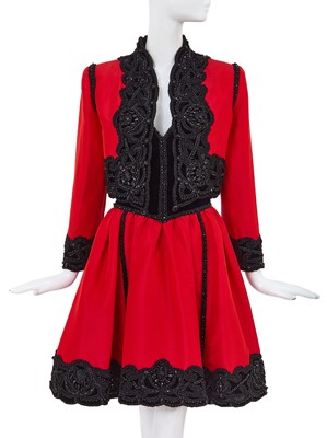 Lot 178 - A Pino Lancetti couture beaded scarlet silk and black velvet cocktail ensemble, late 1980s-early 1990s