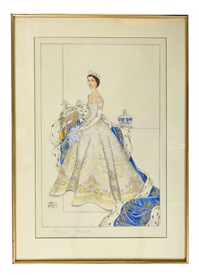 Lot 481 - A large and fine Norman Hartnell fashion illustration by Francis Marshall of H.M.Queen Elizabeth II in her coronation gown, 1953