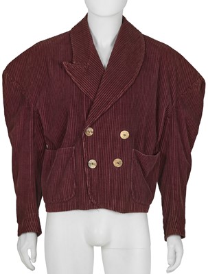 Lot 525 - An early John Galliano men's oxblood jumbo cord jacket, 'The Ludic Game' collection Autumn-Winter, 1985-86