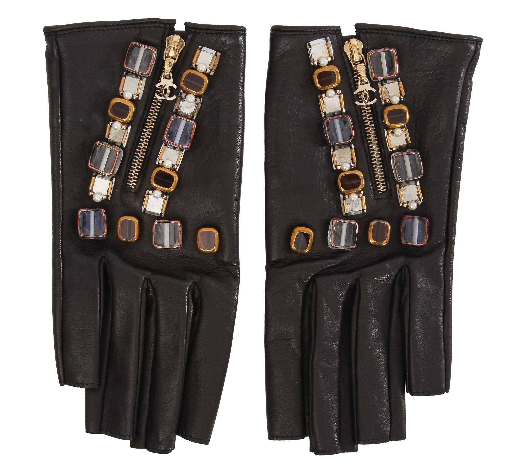 Lot 47 - A pair of Chanel by Karl Lagerfeld embellished black lambskin glovelettes, 'Paris-Byzantium' collection, Métiers d'Art, Pre-Fall 2011