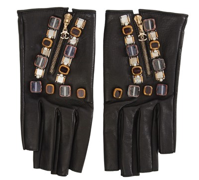 Lot 47 - A pair of Chanel by Karl Lagerfeld embellished black lambskin glovelettes, 'Paris-Byzantium' collection, Métiers d'Art, Pre-Fall 2011