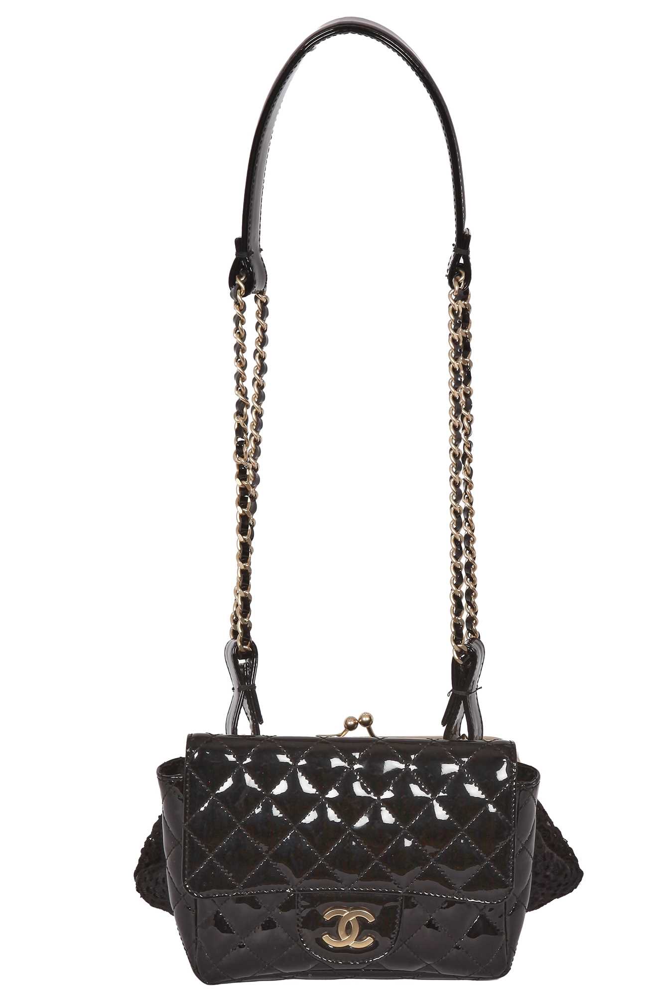 Lot 40 - A Chanel by Karl Lagerfeld 'Coco Twin' black patent leather and lace evening bag, 'Farm' collection, Spring-Summer 2010